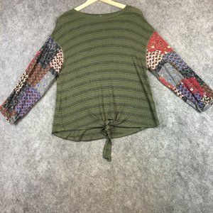Alchemy Thread Top M Boho Cottage Oversized Green Mix Print Waffle Knit Knotted